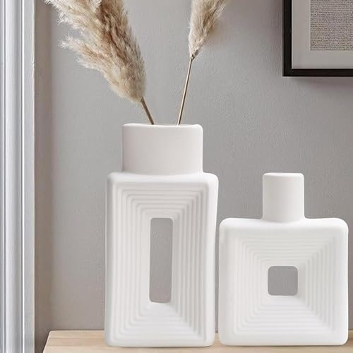 Hanaomaoyi Vase Rustic Home Decor Simple Scandinavian Bohemian Style, Keramikvase 2 Stück Set für Wohnzimmer, Bücherregal, Tisch, Bücherregal, Kamin Regal und Eingang dekorative Vase (Weiß)