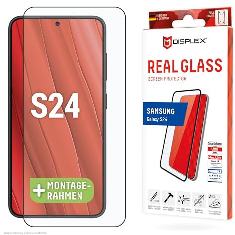 Displex Premium Schutzglas (Full Cover, 10H) für Samsung Galaxy S24/S25, Eco-Montagerahmen, volle Displayabdeckung, Tempered Glas, kratzer-resistente Schutzfolie, hüllenfreundlich