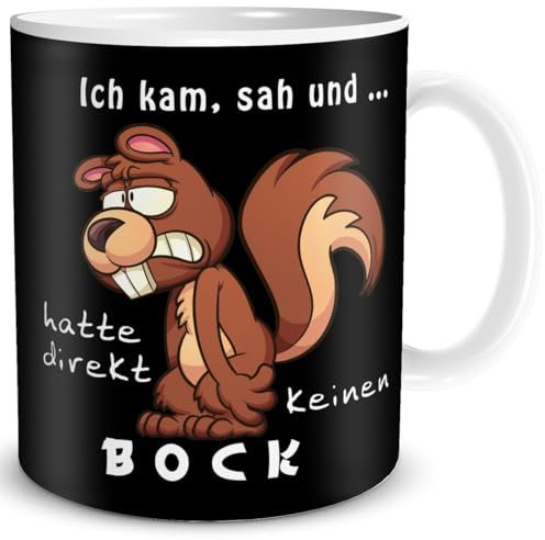 TRIOSK Tasse Eichhörnchen mit Spruch lustig Ich kam sah und hatte direkt keinen Bock Geschenk Spaßtasse für Arbeit Büro Frauen Männer Kollegen Schwarz, Keramik 300ml