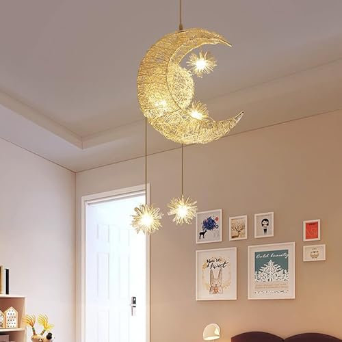 SanBouSi Moderne Kreative Kronleuchter LED Mond und Sterne Hängeleuchte Dekorativer Hängelampe für Kinder Kinderzimmer