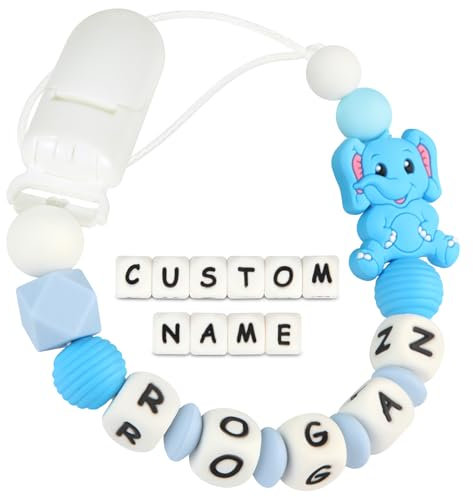 Kowlone Schnullerkette mit Namen Jungen mädchen Silikon Beißring Personalisiert Elefant Schnuller Clips Halter(Blau)