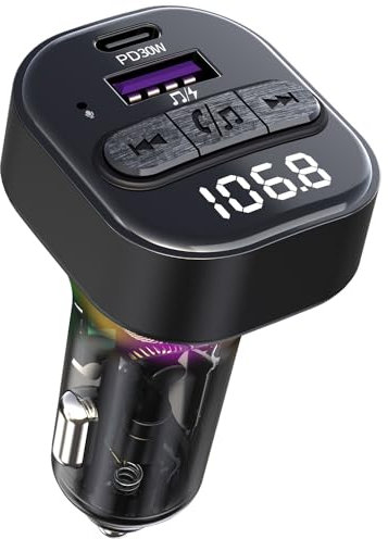 SYENGKKY Transmetteur FM Bluetooth 5.3 pour voiture, adaptateur Bluetooth pour voiture avec chargeur de voiture type C PD (30 W) et port USB QC3.0, petit transm