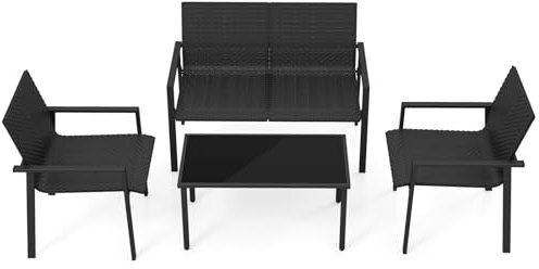 COSTWAY Polyrattan Gartenmöbel Set, 4-TLG. Terrassenmöbel, Sitzgruppe, Sitzgarnitur für 4 Personen, Gartengarnitur inkl. 2 Stühlen, Bank & Tisch, für Garten, Terrasse, Pool (Schwarz)