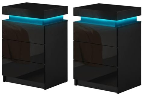 CLIPOP Nachttisch 2er Set mit LED Beleuchtung,Einstellbare Farben,Beistelltisch Nachtschrank mit 3 Schubladen,Hochglanz Wohnzimmer Schlafzimmer Möbel,45 x 35 x 67 cm