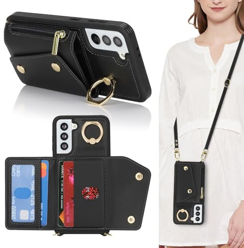 Lipvina Hülle für Samsung Galaxy S21 FE Hülle mit Band Kartenhalter handyhülle Hülle für Samsung Galaxy S21 FE mit Reißverschluss Band Ring Ständer Case für Frauen - Schwarz