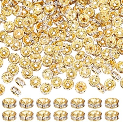 SUNNYCLUE 1 Box 300Pcs 6MM Rondelle Spacer Beads Gold Rhinestone Crystal Beads Golden White Round Loose Spacer Bead for jewellery Making Diy Crafting Supplies Bracelet Necklace Women Adult Beginner
