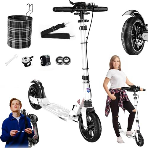 GHBXJX 200mm Big Wheel Scooter Tretroller Erwachsene 150 kg Tragkraft, City Roller für Erwachsene mit Bremsen und Stoßdämpfern, Kickboard Klappbar & Höhenverstellbar, Kinder Cityroller 8 Jahre,Weiß