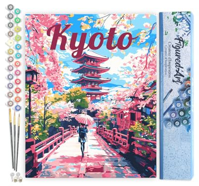 Figured'Art Peinture par Numéro Adulte Affiche de voyage Kyoto en fleurs - Activité Manuelle Kit de Loisir Créatif DIY Numéro d'Art Complet - 40x50cm sans châssis en bois