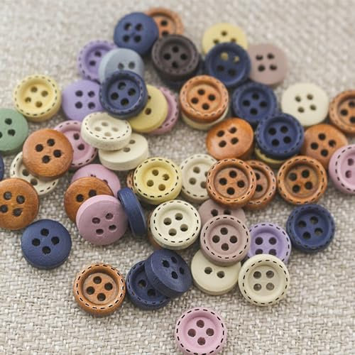 SUQ 100PCS Gemischte Knöpfe, Bunte Knöpfe, 100pcs Knöpfe zum Basteln/Nähen/Ersatz, Rund Holz Kunststoff, 10mm 4-Loch Charming Blume Beads, für Weihnachten Handwerk DIY Basteln Deko