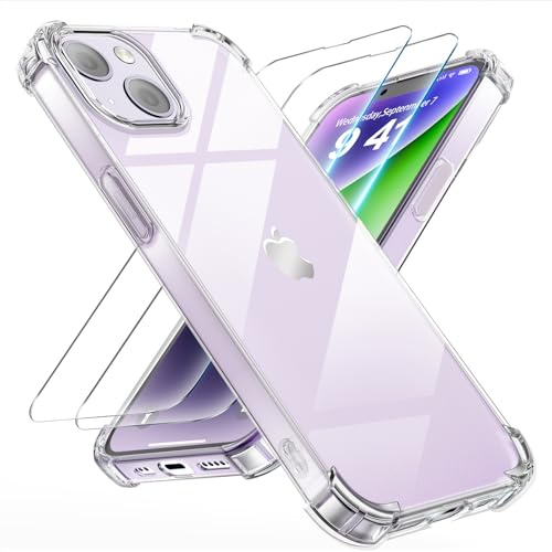 Tentoki 3 en 1 Verre Trempé et Coque pour iPhone 14 Plus, [Coussin d'air Intégré] Anti-Jaunissement Souple TPU Bumper Coque Protection pour iPhone 14Plus, Transparente
