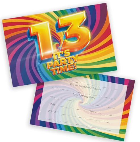 Party-Einladungen zum 13. Geburtstag für Teenager – Now It's Party Time 20 Stück – Kindergeburtstagseinladungen für Jungen/Mädchen A6 Geburtstagsparty-Einladungskarten mit Klappumschlägen