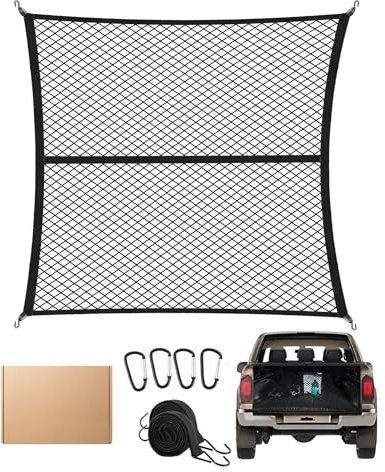 FoundGo 120x120cm Gepäcknetz [Max. 210x210cm Dehnbar] Hochelastisches Kofferraumnetz Trennnetz Gepäckfixierung für LKW Auto Wohnmobil inkl (Einlagig mit Haltegurt, 120x120cm)