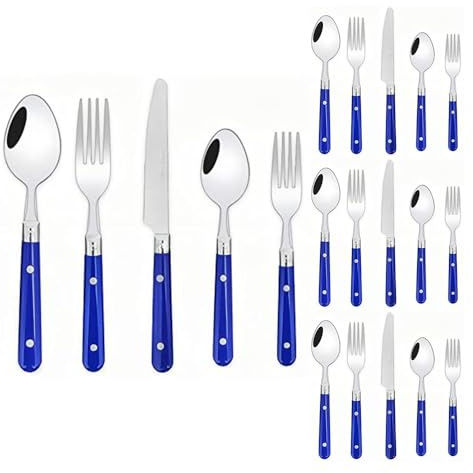 Two Nail Clamp Handles Kitchen Stainless Steel Silverware Tableware Flatware Cutlery Set Steak Knife Fork Spoon Teaspoon (Blue,20 pieces)