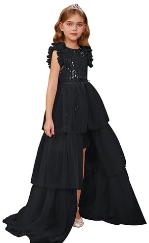 GRACE KARIN Kids Flutter Sleeve Birthday Party Dress Sequin Dresses+ Tiered Skirt for 9-10 Years Teen Girls Black