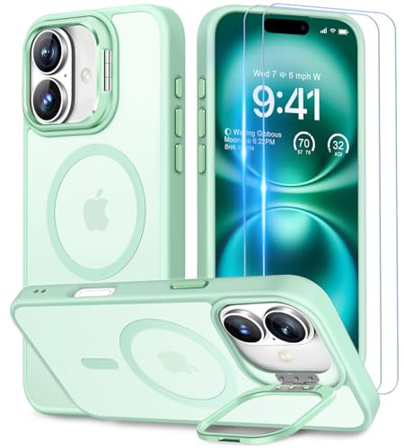 Beeasy für iPhone 16 Hülle mit Ständer, Handyhülle mit 2 Stück Schutzfolie, Magnetische Stoßfest Schutzhülle für iPhone 16 Case 6,1 Zoll, Durchscheinend Matt Grün