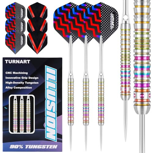 Turnart Dartpfeile Metallspitze 90% Tungsten 3 Stück 22,24,26 Gramm Professionelles Wolfram-Steeltip-Dart-Set Dart professionelle Stahlpfeile mit Metallspitzen mit Flights, Schäften (Farbenfroh, 22G)