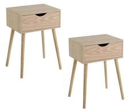 Set de 2 mesitas de noche de 1 cajón laminado color natural de 40x31x58 cm | Mesitas para dormitorio y espacios pequeños . Dos mesillas de noche con patas altas de madera de pino. Soporta 10 kg