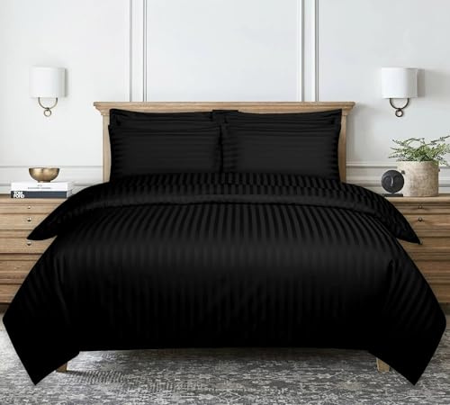 King Duvet Cover Set Hotel Quality Stripes Satin Bedding King Bed Set with 2 Pillowcases, Reversible Soft Microfiber Breathable Bed Covers - Black