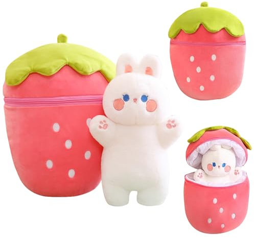 HIULLEN Osterhase Plüschtier, 30CM Hasen Verstecken, Erdbeer Kuscheltier Hase, Hase Stofftier mit Reißverschluss, Weihnachten Plüschtier, Kaninchen Kuscheltier Als Geschenk für Jungen, Mädchen