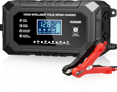 15Amp Car Battery Charger 12V/24V, 9-Stage Automatic Smart Battery Charger/Maintainer, Car Battery Repair and Desulfato for Car, Motorcycle, SUV, Truck, Boat, Lead Acid/Lithium/LiFePO4 Batteries