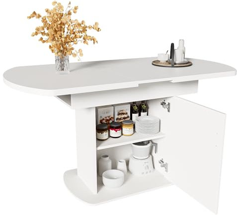 DRIXNO Ausziehbarer ovaler Esstisch 110/130X70X75cm, mit Stauraum, Kaffee-Freizeittisch, Platzsparender multifunktionaler Esstisch, Weiß+gsilber Griff