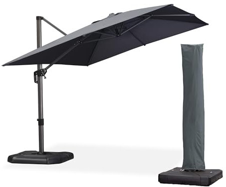 PURPLE LEAF Ombrellone deportato 3x4 m con copertura di protezione, base incrociata, ombrellone da giardino esterno protezione solare UPF 50+, ombrellone in alluminio reclinabile con manovella, grigio