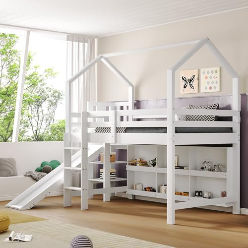 Seyakany Lit Cabane Enfants 90 x 200 cm avec Toboggan et Escalier, Casier et étagère, Lit Mezzanine 1 Place, Bois Massif + MDF, sans Matelas, Blanc (A)