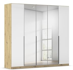 Rauch Möbel Alabama, Schrank, Hochglanz Weiß/Eiche Artisan, Breite 226 cm | Kleiderschrank, 5-türig, mit Spiegel, Zubehör Premium, für Schlafzimmer, Kinderzimmer, Homeoffice, Garderobe, Flur