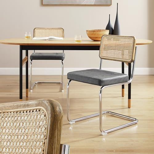 Zouron Schwingstühle 2er Set Grau - Besucherstuhl mit Eichenholz, Freischwinger Stühle, Grau Kunstleder Rattanstühle, Esszimmerstühle Geflecht-Stuhl Dining Chair, Polsterstuhl Chrom Metallbeine