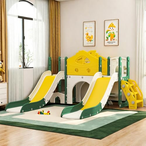 7 in 1 Kinder Rutsche ab 3-6 Jahre für Indoor und Outdoor, Kinder Spielplatz mit Basketballkorb, Klettern, Spielgang, Bohrspiel und Stauraum, Gartenrutsche, Schaukelgerüst, Kinderschaukel