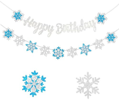 2 Stück Schneeflocken Girlande Geburtstag, Geburtstagsgirlande, Snowflake Geburtstag Girlande, Frozen Geburtstagsdeko, Happy Birthday Banner Schneeflocken Deko,Frozen Deko, Snowflakedeko