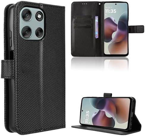 Rojeuinn Hülle für Motorola Moto G56 5G Handyhülle-Hülle Stoßfest Case Cover-Handy Case in Premium Kohlefaser [Klappbar Flip] [Standfunktion Tasche] -Schwarz