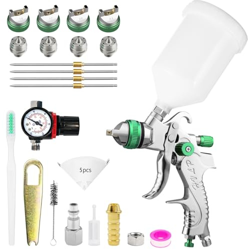 HVLP Lackierpistole Spritzpistole 4 Düsen 1,4mm 1,7mm 2,0mm 2,5mm Profi Farbsprühsystem Spraypistole mit 600 ml Plastikbecher Luftdruckregler Lacksiebe Lackfilter (grün)