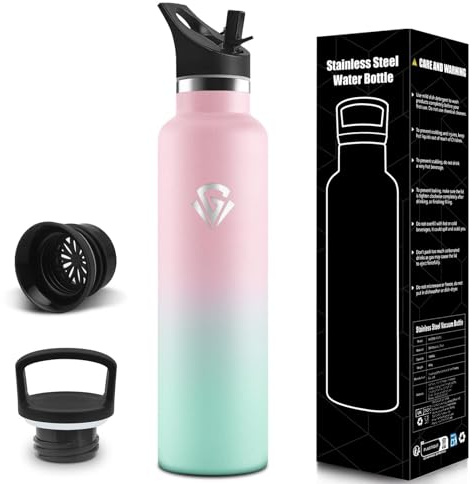 Borraccia Termica, 1L Senza BPA, Borracce Termiche, Bottiglia Acqua Con Cannuccia e 2 Coperchi, Borraccia Acciaio Inox, 18/8 Acciaio Inossidabile, Borracce per Palestra- Rosachiaro&verdechiaro