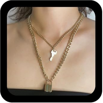 Enautoabs Key Lock Layered Pendant Necklace Gold Lariat Choker Necklace Punk Paperclip Lock Necklaces Chunky Key Locks Chain Necklaces Jewelry for Women