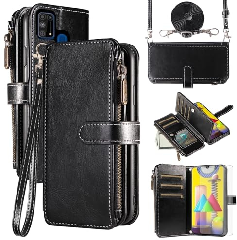 Asuwish Handyhülle für Samsung Galaxy M31/M21s/F41 Hülle mit Band Folie Schutzfolie Kartenfach Klappbar Leder Geldbörse Ständer 31M Prime Handy Hüllen Schutzhülle Reißverschluss Phone Case Schwarz