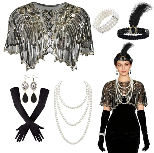 HOVCEH 20er Jahre Kostüm Damen, 6 Stück 20er Jahre Kostüm Set, Schal, Handschuhe, Haarband, Armband, Halskette, Zubehör, Accessoires Perfekte für Fransenkleid, Karneval, Halloween(Schwarzen)