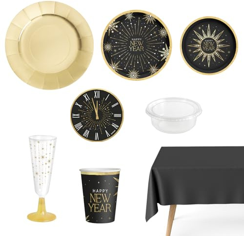 OH YEAH - Kit Vajilla Desechable 12 Personas Nochevieja - 84 Piezas - Negro y Oro - Platos, Vasos, Servilletas - Decoración Mesa Fin de Año - Diseño con Estrellas Brillantes - Fiesta Navidad Elegante
