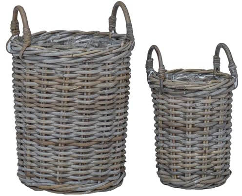vidaXL Blumentopfkorb mit Speicher 2 pcs Grau Kubu Rattan, Dekorativer runder Korb für das Wohnzimmer, beige Materialien – stylische Aufbewahrungslösung für Deine Haushaltsgegenstände.