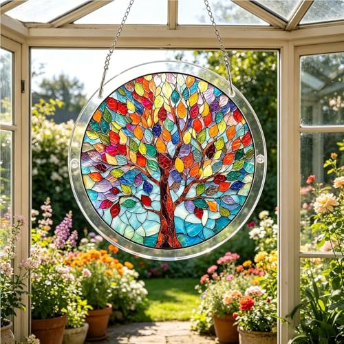 Acrylic Puzzles Suncatcher, Tree of Radiant Glass Puzzle – Jigsaw Puzzle for Doors Garden, Mother's Day Christmas Birthday Gifts for Women Men (E)