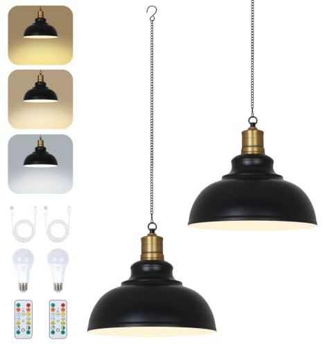 Stepeak 2 Stücke Akku Hängelampe Outdoor, Schwarz Hängelampe mit Batterie, Industrie Hängeleuchte mit Akku & Fernbedienung, Hängeleuchte Ohne Strom, Outdoor Lampenschirm Hängend für Terrasse, Balkon