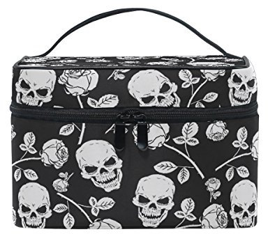 Makeup Bag, Skull with Rose Print Cosmetic Toiletry Storage Organiser Case Large Travel Handle Personalised Pouch with Compartments for Teenage Girls Women Lady Black White