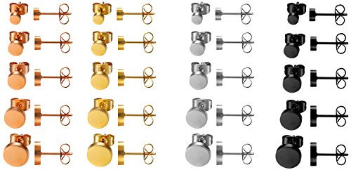 JewelryWe Schmuck 20 Paare Ohrstecker Set, Edelstahl flache runde poliert Ohrringe Ohr-Schmuck für Damen & Herren, Silber Gold Rosegold Schwarz, Durchmesser 4,5,6,7,8mm