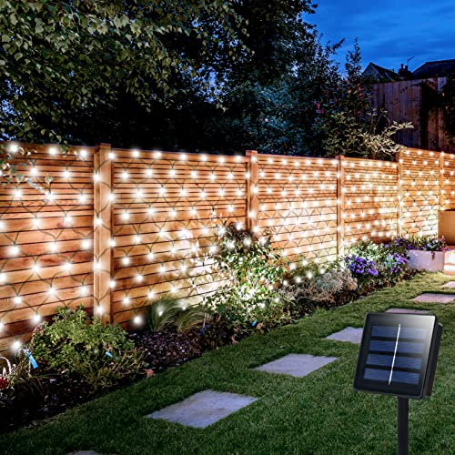 Solar Outdoor Net Lights, 1.5m x 1.5m 100 LED Solar Net Lights Green Wire with 8 Modes, Auto On/Off Mesh Light for Garden Fence Wedding Party Yard Window Decor (Cool White)
