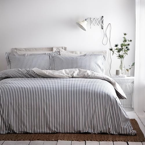 Yard Hebden Gestreiftes Bettbezug Set (Marineblau-Super King) | 100% Baumwolle Wendbares Streifendesign Weiche Atmungsaktive Bequeme Bettwäsche
