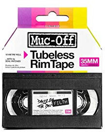 Muc Off Tubeless Felgenband, 35 mm - Druckempfindliches Felgenband für Schlauchlose Fahrradreifen - 10-Meter-Rolle mit 4 Dichtungsflicken