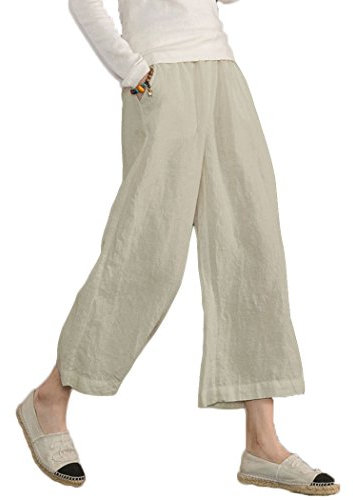 Ecupper Capris Hose Damen Sommer Übergröße Baumwolle Lässig Hose Stoffhose Weitehosen Natürlich L