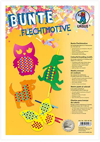 Ursus 3354699 Bunte Flechtmotive, Material für 27 Motive, in 9 verschiedenen Farben, ca. 21 x 28,5 cm, aus Fotokarton, inkl. Bastelanleitung, kreative Beschäftigung für Kinder