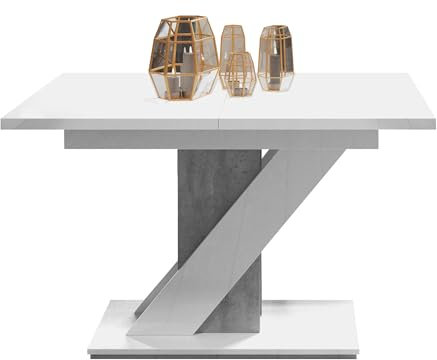 Mirjan24 Tisch für Esszimmer Malzik, Praktischer Auszugstisch, Rechteckiger Esstisch, Küchentisch, Esszimmertisch, Ausziehtisch (Weiß Hochglanz/Beton)