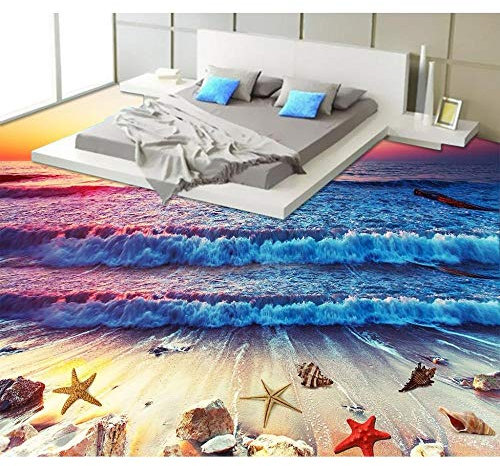 Etiqueta engomada de la pared del suelo del PVC 3D colorido puesta del sol playa olas del agua etiquetas engomadas del piso del cuarto de baño pintura del suelo de la foto-200cmX140cm